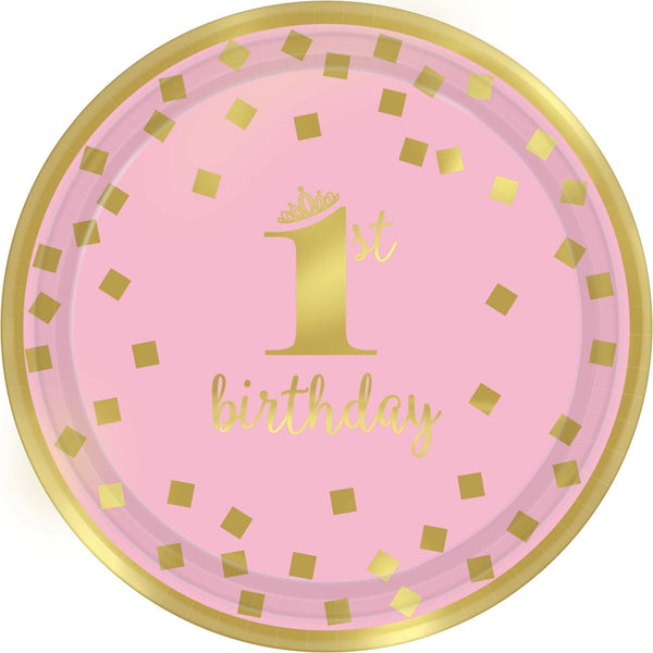 1St Birthday Girl Metallic Round Plates, 7"