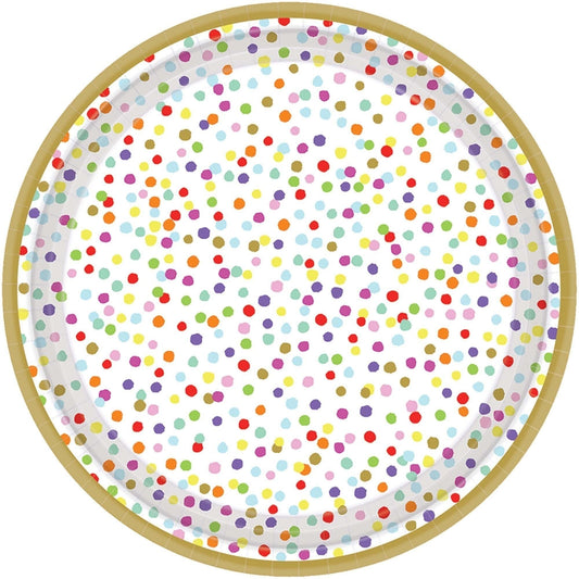 Rainbow Confetti Metallic Round Plates, 7"