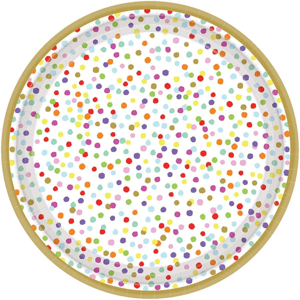Rainbow Confetti Metallic Round Plates, 7"