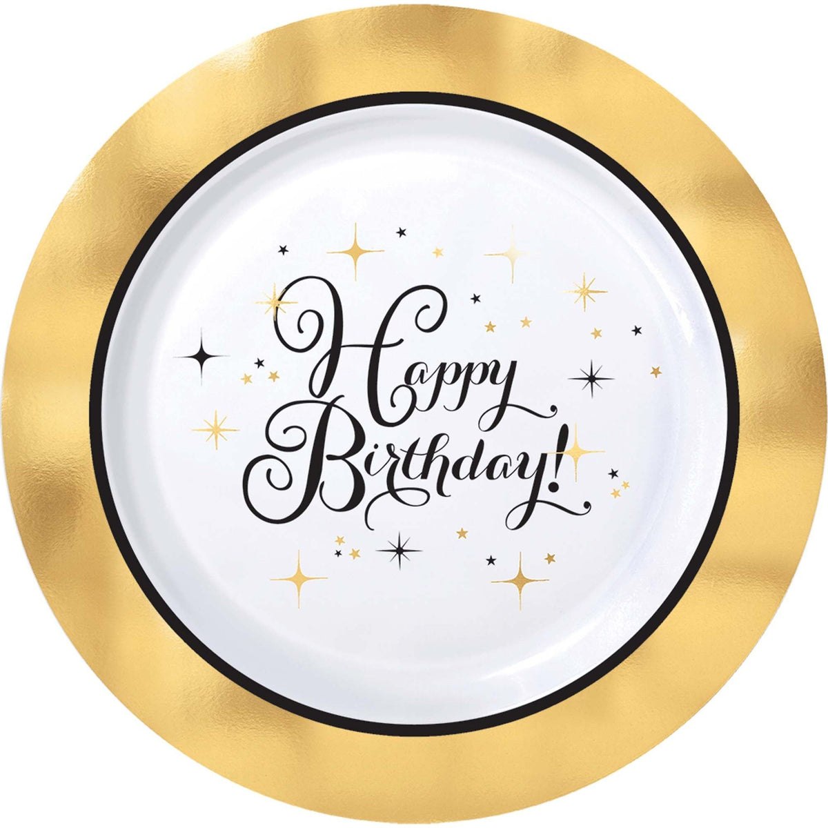 Premium Gold Birthday Round Plastic Plates, 7 1/2", Hot-Stamped