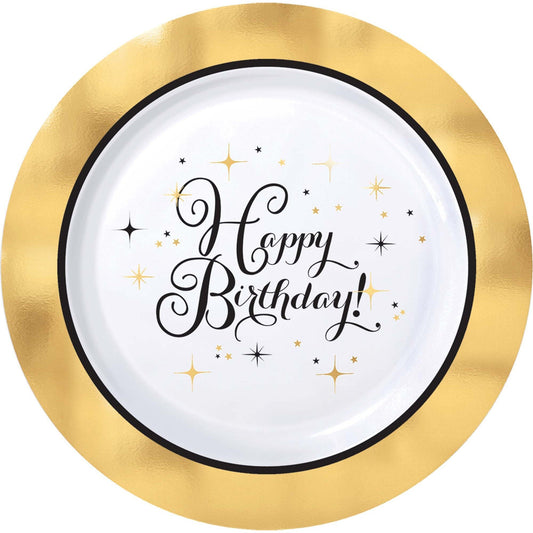 Premium Gold Birthday Round Plastic Plates, 7 1/2", Hot-Stamped