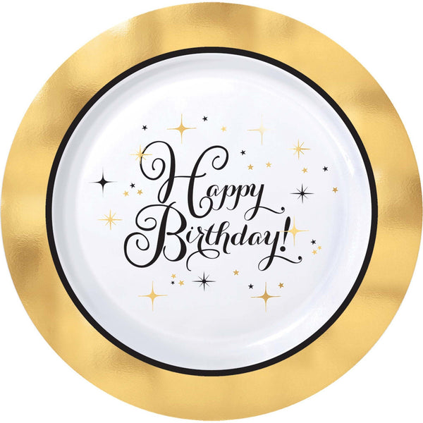 Premium Gold Birthday Round Plastic Plates, 7 1/2", Hot-Stamped