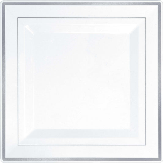 Square Plastic Plate White W/Silver Trim, 10"
