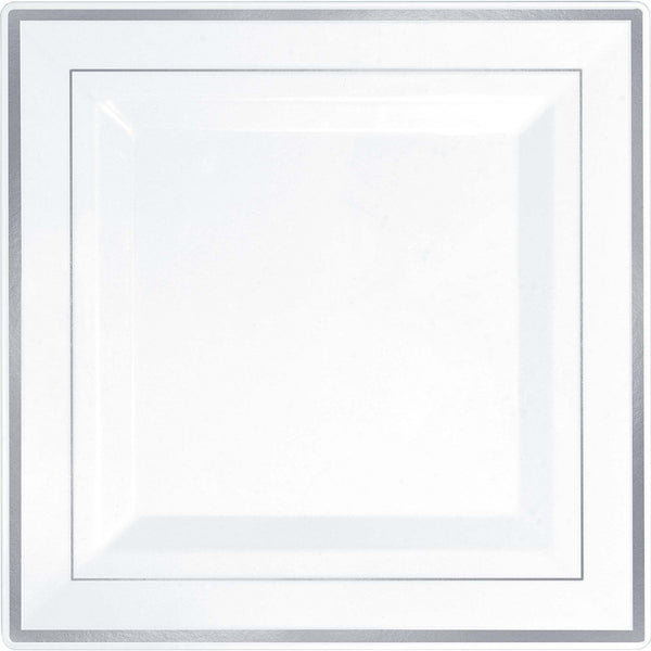Square Plastic Plate White W/Silver Trim, 10"