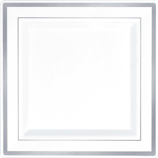 Square Plastic Plate White W/Silver Trim, 7 1/4"