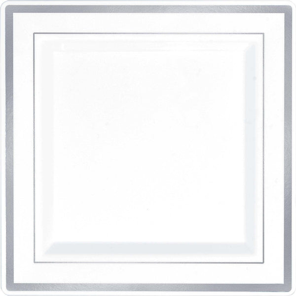 Square Plastic Plate White W/Silver Trim, 7 1/4"