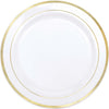 White Premium Plastic Round Plates With Gold Trim, 7 1/2"