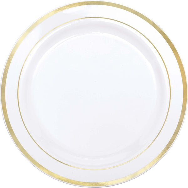 White Premium Plastic Round Plates With Gold Trim, 7 1/2"