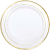 White Premium Plastic Round Plates With Gold Trim, 10 1/4"