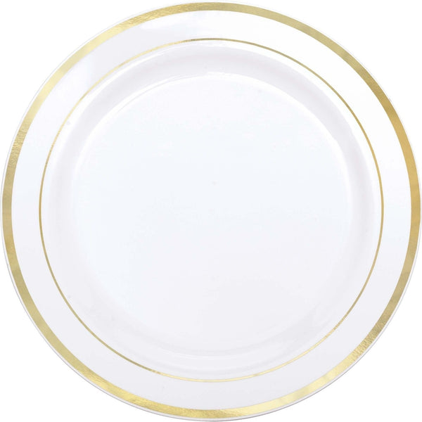 White Premium Plastic Round Plates With Gold Trim, 10 1/4"