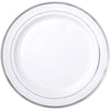 White Premium Plastic Round Plates With Silver Trim, 10 1/4"