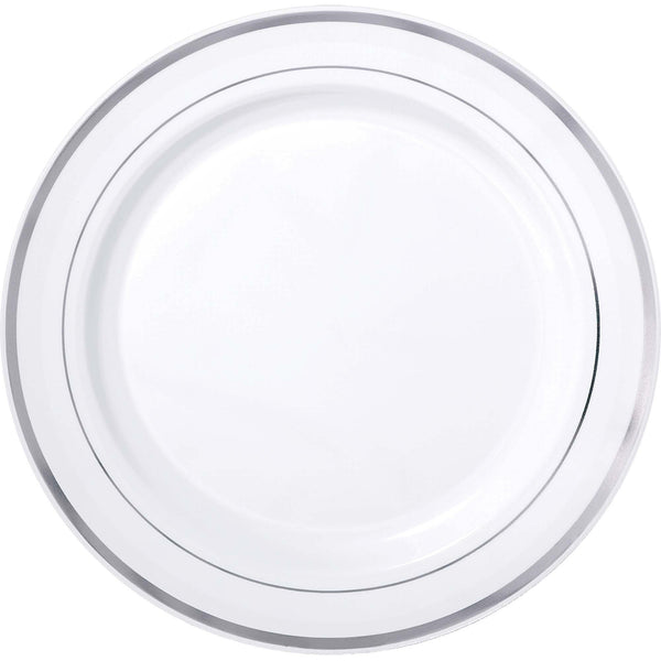 White Premium Plastic Round Plates With Silver Trim, 10 1/4"