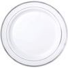 White Premium Plastic Round Plates With Silver Trim, 7 1/2"