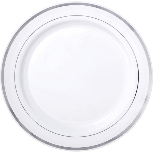 White Premium Plastic Round Plates With Silver Trim, 7 1/2"