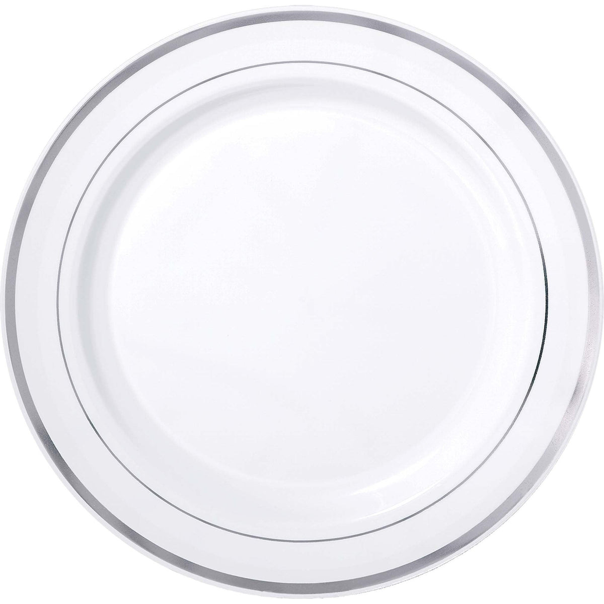 Premium Plastic White Plates W/Prismatic Silver Border, 12"