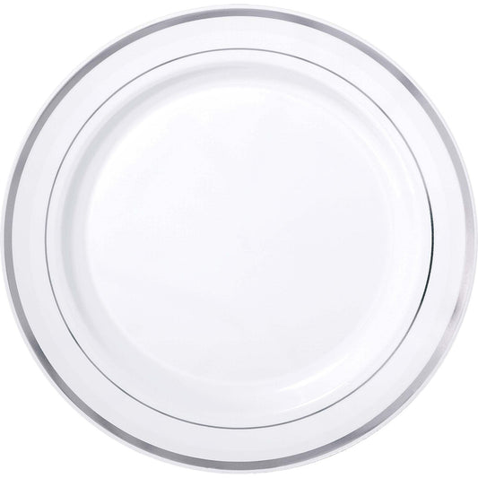 Premium Plastic White Plates W/Prismatic Silver Border, 12"
