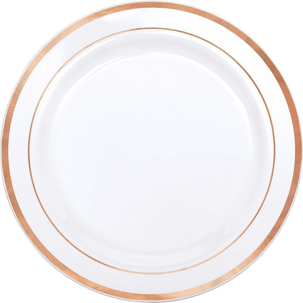Premium Plastic White Plates W/ Rose Gold Trim, 10 1/4"