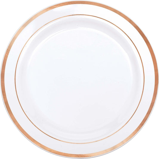 Premium Plastic White Plates W/ Rose Gold Trim, 7 1/2"