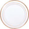 Premium Plastic White Plates W/ Rose Gold Trim, 7 1/2"
