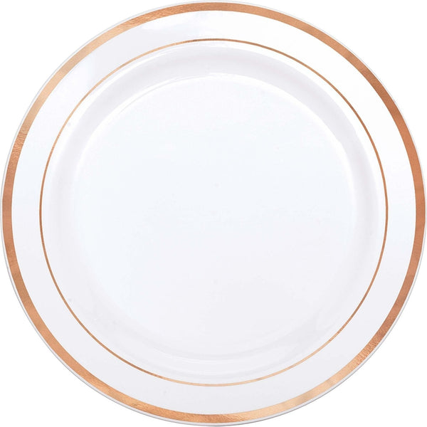 Premium Plastic White Plates W/ Rose Gold Trim, 7 1/2"