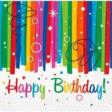 Rainbow Ribbons Birthday Beverage Napkins, 16 Count