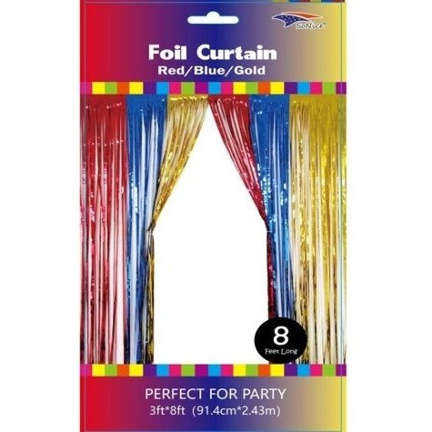 Red/Blue/Gold Metallic Curtain 3' X 8'