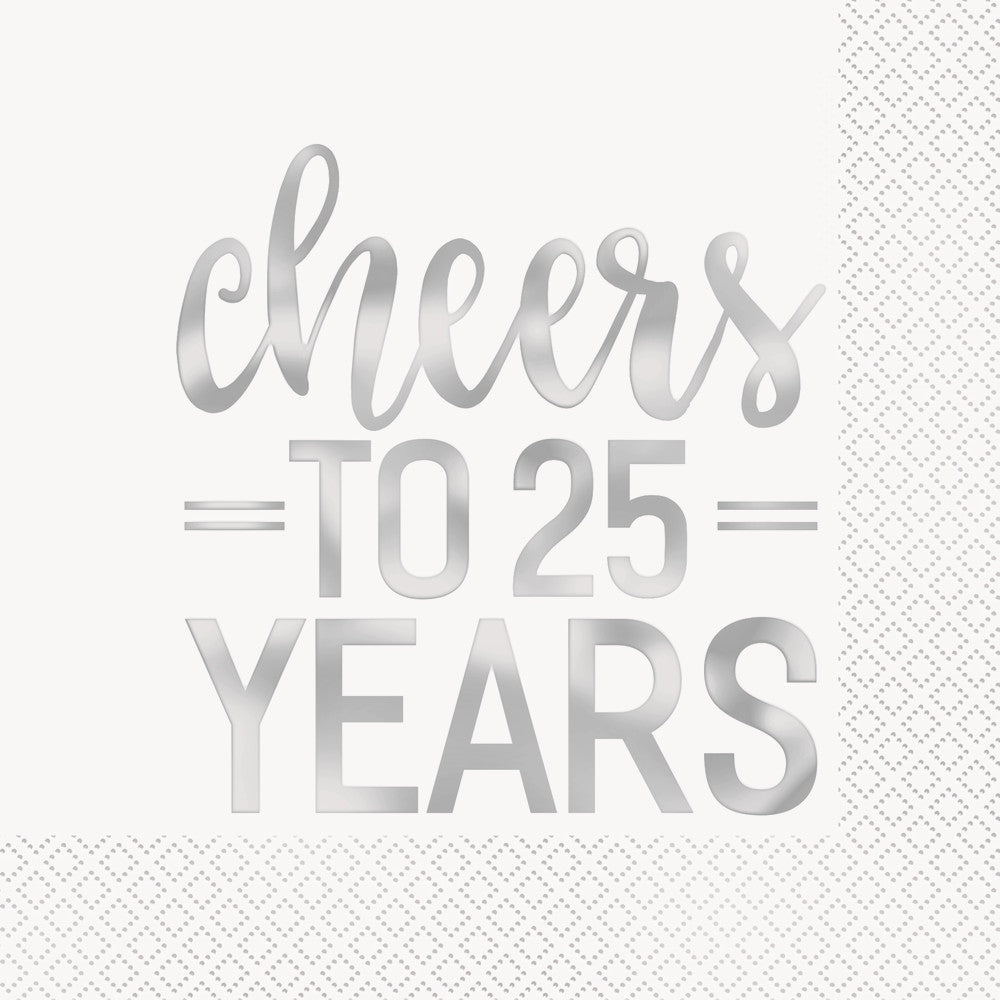 Silver Foil Cheers To 25 Years Luncheon Napkins, 16 Count - Foil Stamped