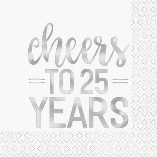 Silver Foil Cheers To 25 Years Luncheon Napkins, 16 Count - Foil Stamped