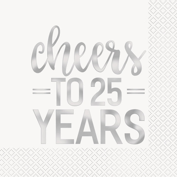 Silver Foil Cheers To 25 Years Luncheon Napkins, 16 Count - Foil Stamped