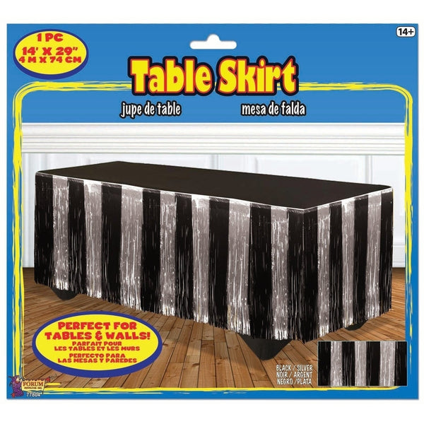 Table Skirt - Metallic Fringe 14' Silver/Black