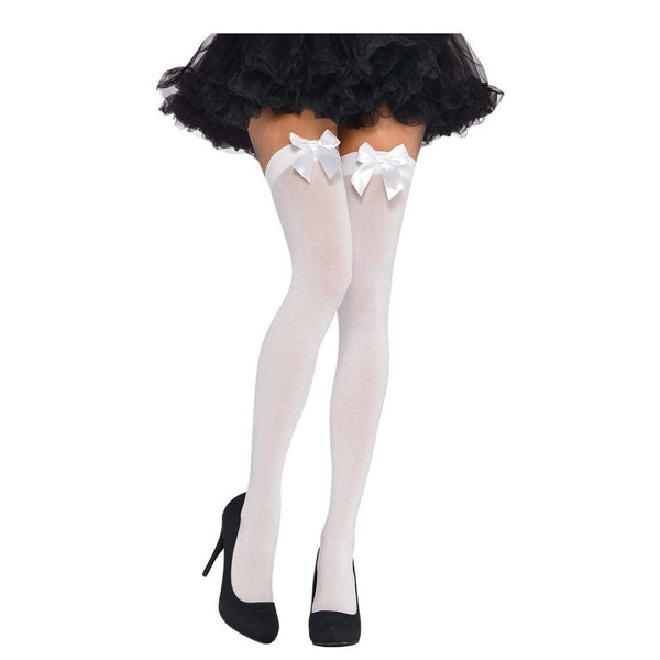 White Thigh Highs With White Satin Bow - Adult Standard
