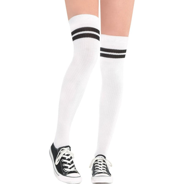 White/Black Striped Athletic Thigh High Socks - Adult