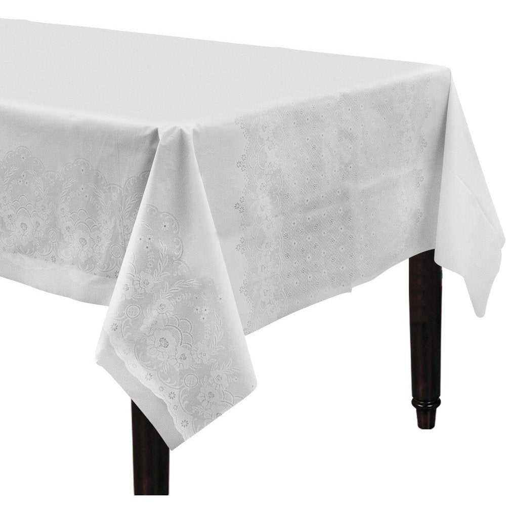 White Lace Plastic Table Cover, 54" X 108"