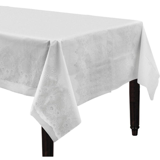 White Lace Plastic Table Cover, 54" X 108"