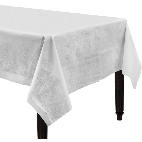 White Lace Plastic Table Cover, 54" X 108"