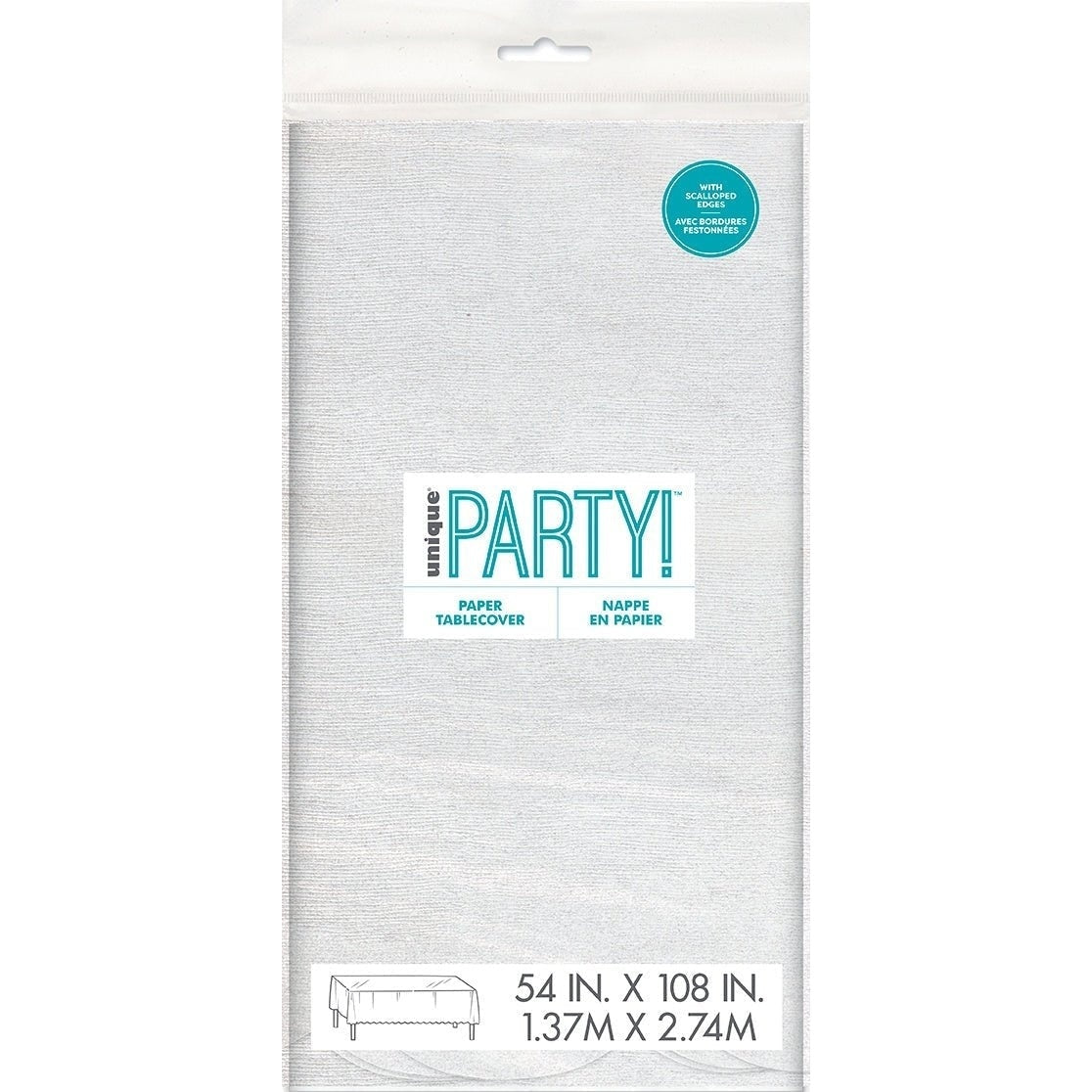 White Scalloped Paper Table Cover, 54" X 108"