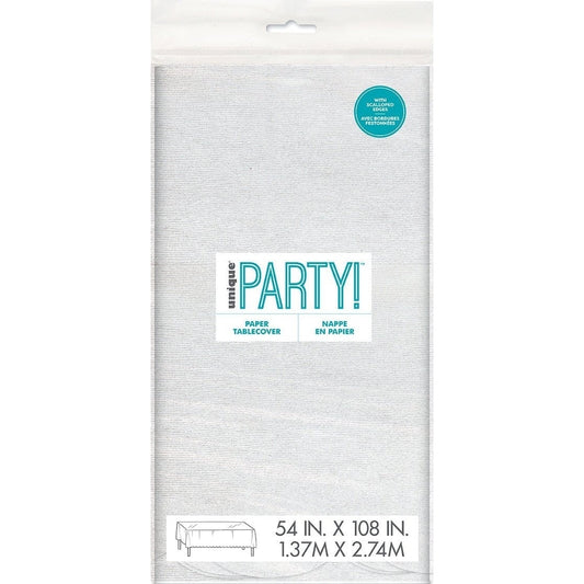 White Scalloped Paper Table Cover, 54" X 108"